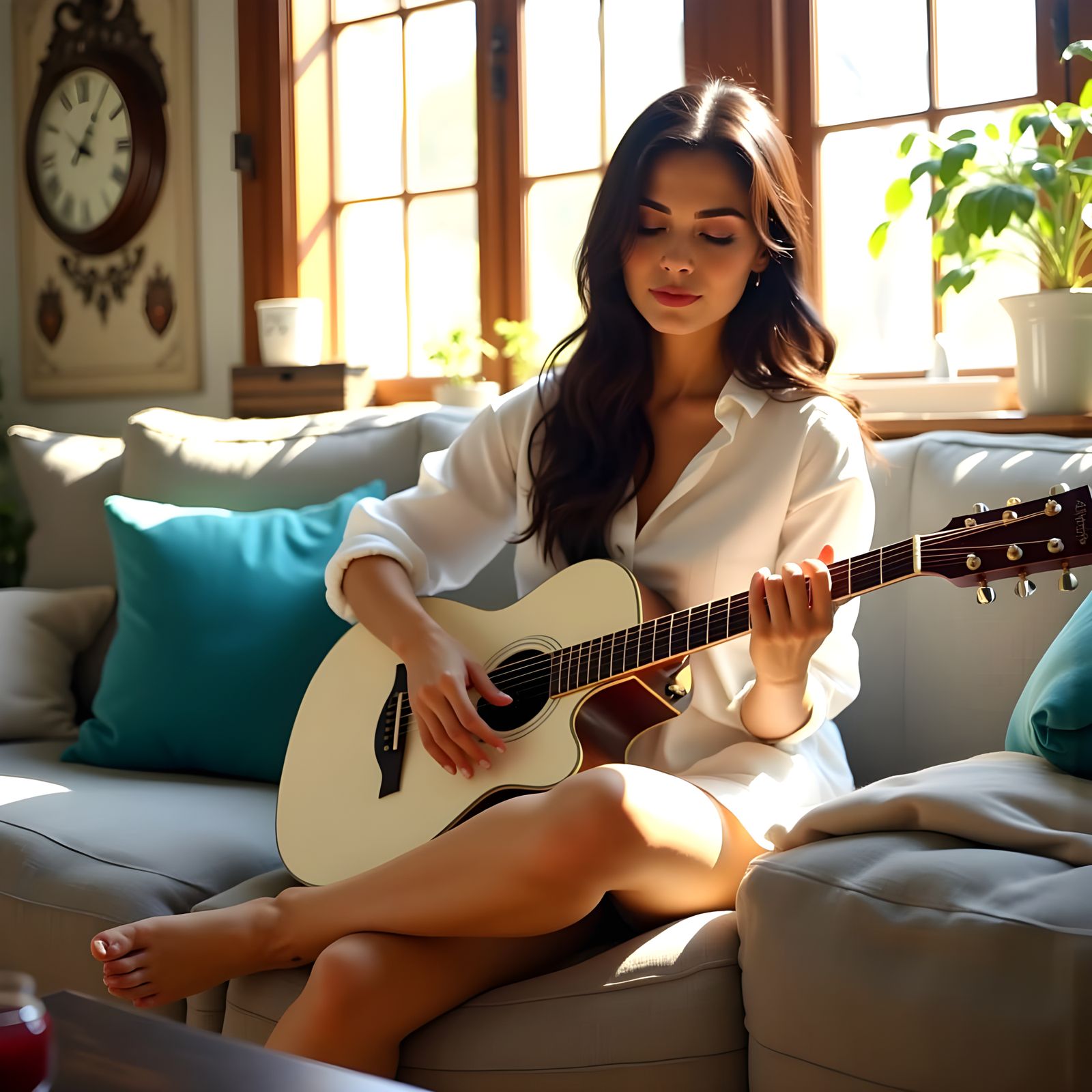 Woman Plays Guitar in Relaxed Comfort