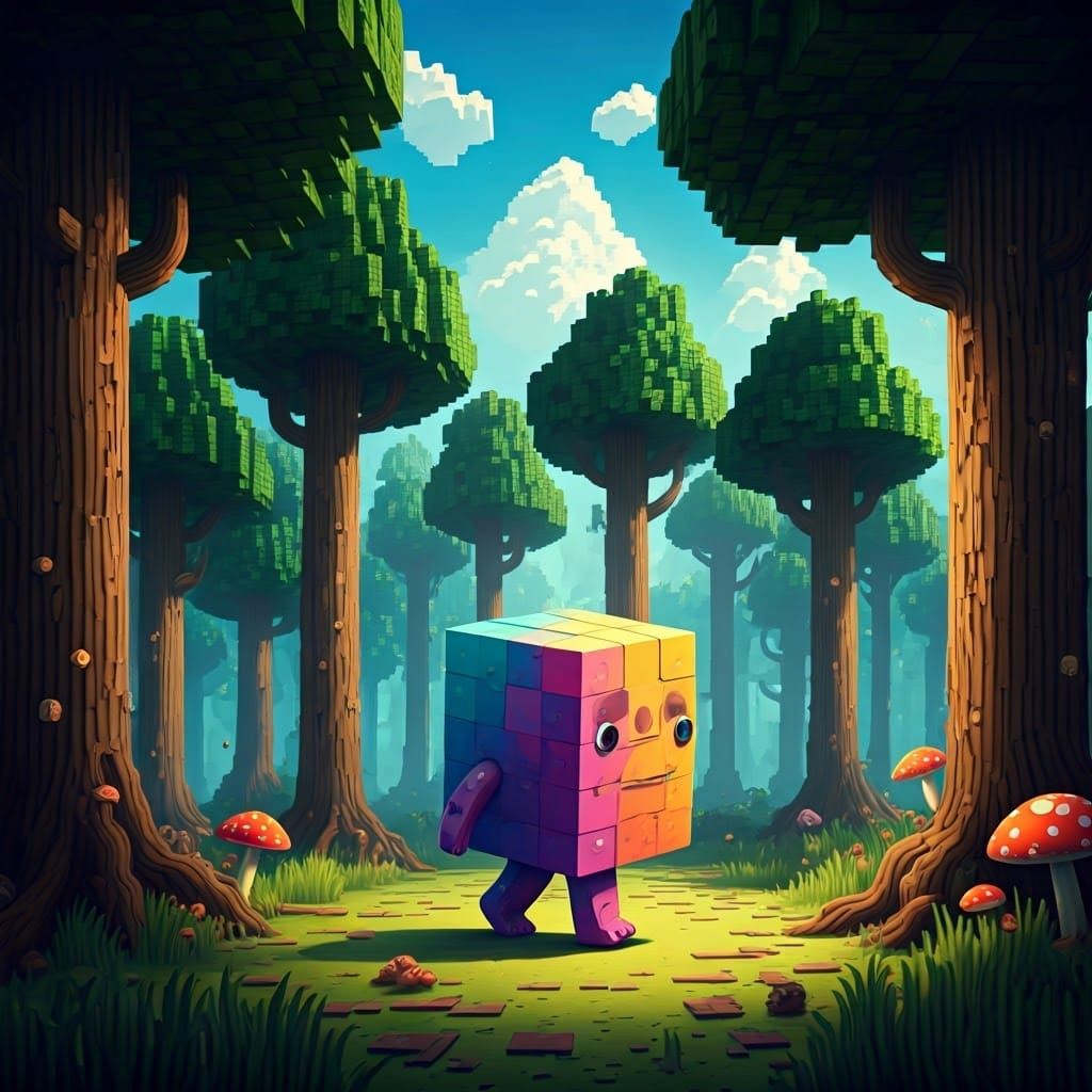 Cube-Shaped Creature Wanders Whimsical Blocky Forest