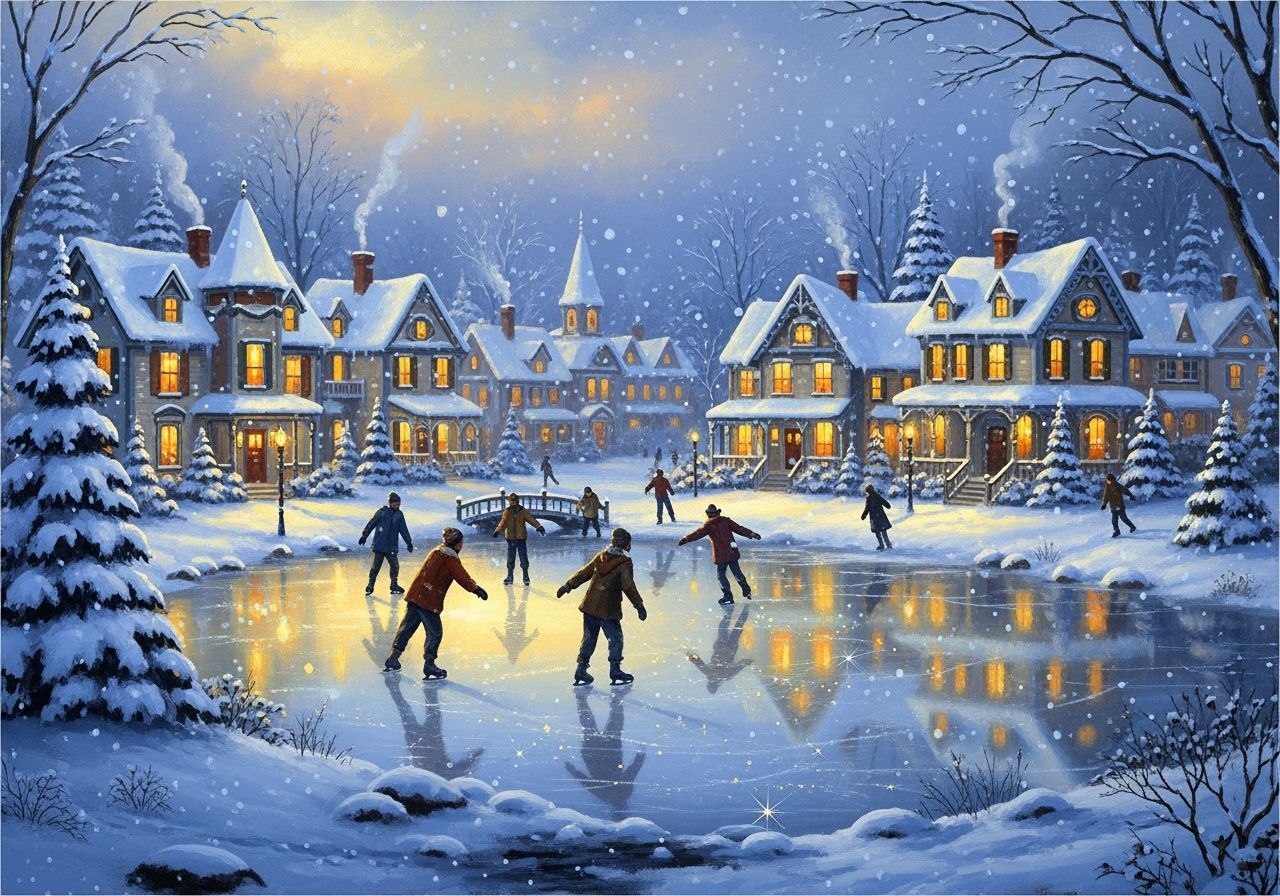 Cozy Winter Village Scene with Ice Skaters at Dusk
