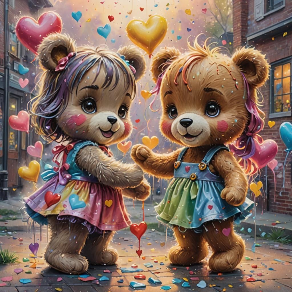 Graffiti Art: Baby Girls Playing with Teddy Bears