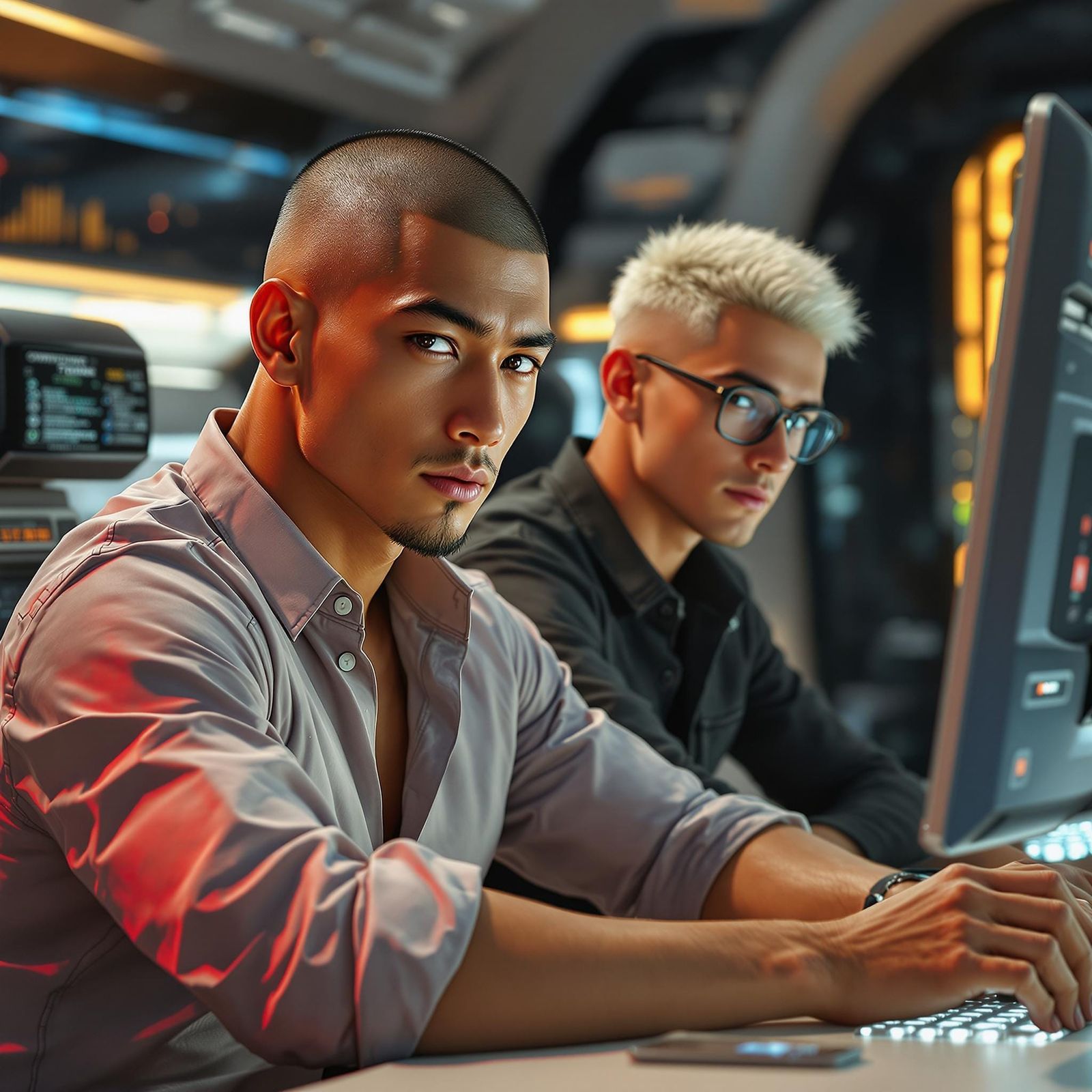 Futuristic Couple at Desk in Hyperrealistic Style