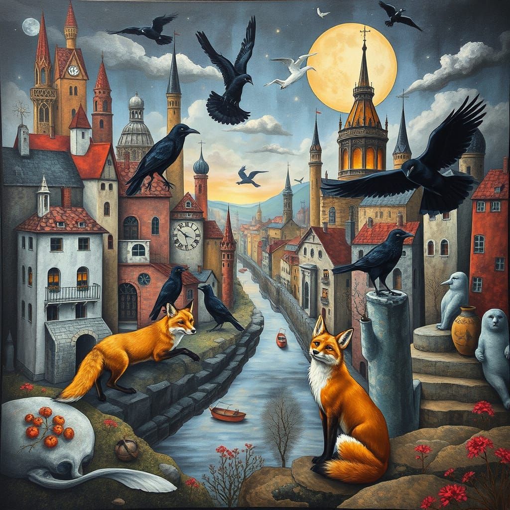 Surreal Fantasy City with Foxes and Crows