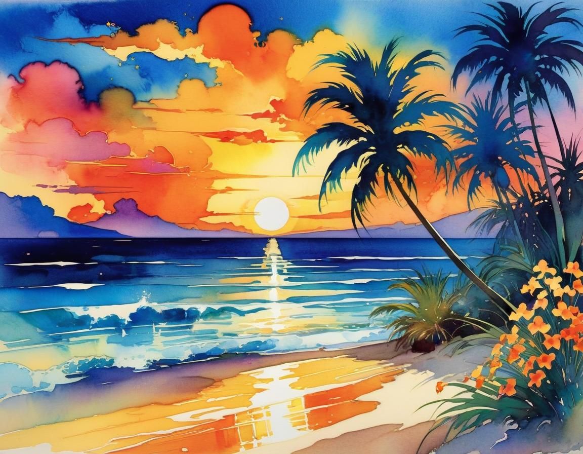 Tropical Beach Sunset in Watercolor Dreamscape