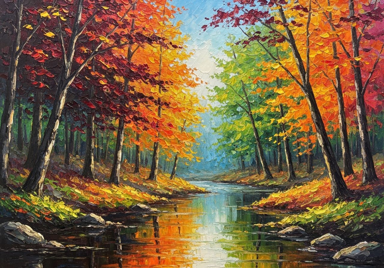 Vibrant Autumn Forest Stream Impressionist Painting