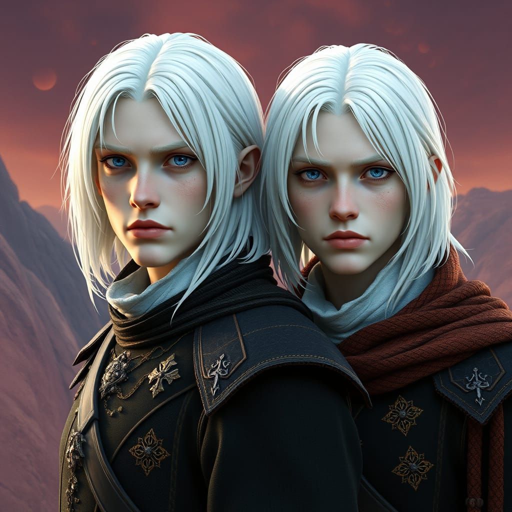 Two Brothers in Icy Blue Eyes, Set in a Fantastical Matte Pa...