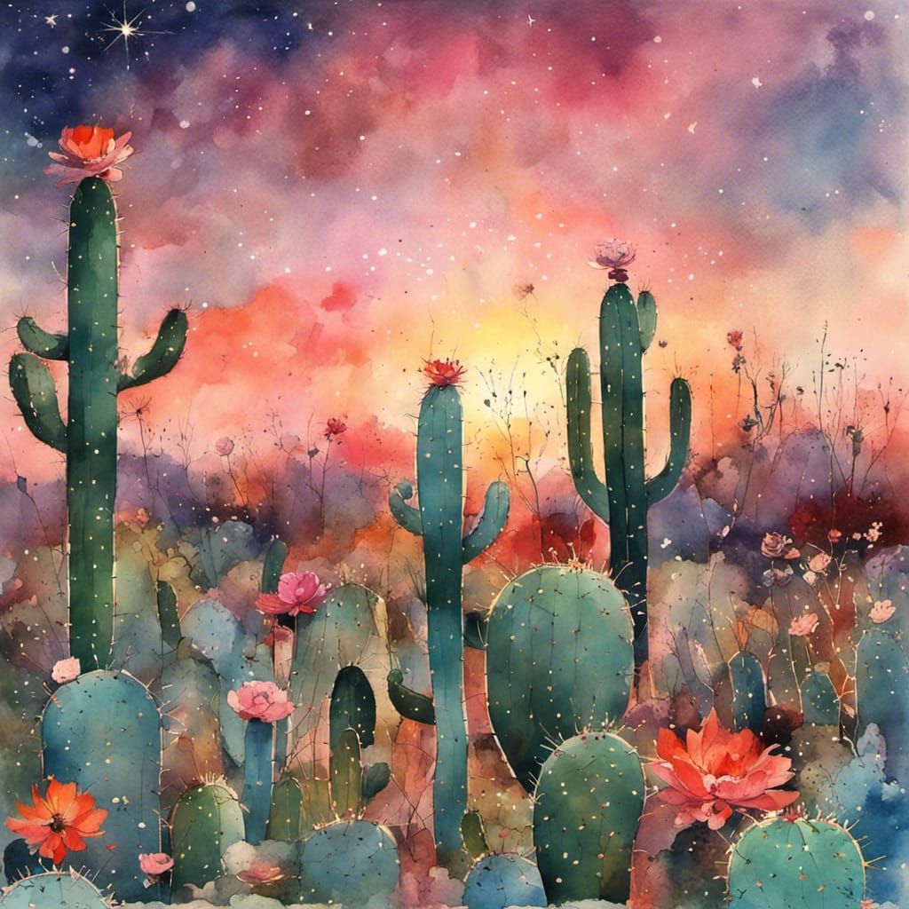 Walled Cactus Garden with Sunset in Gouache Style