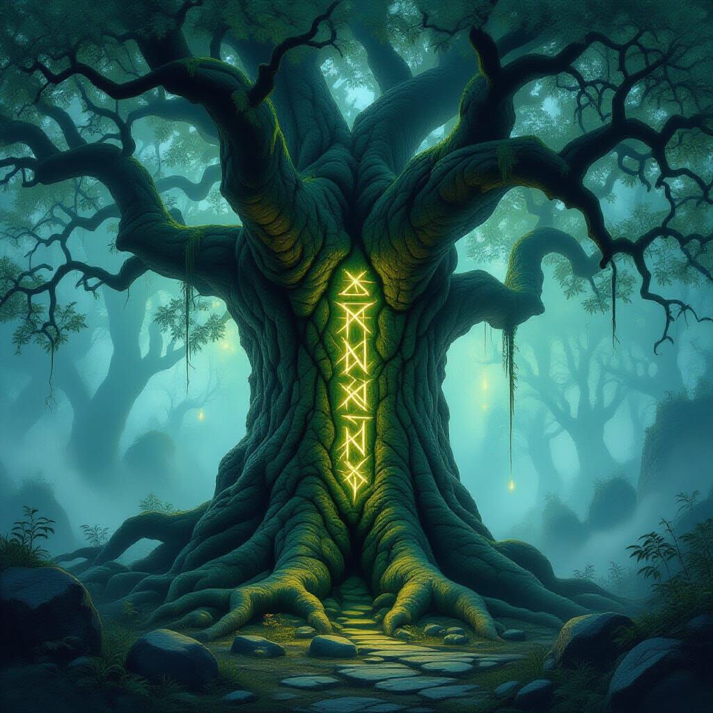Ancient Tree with Glowing Runes in Mystical Grove