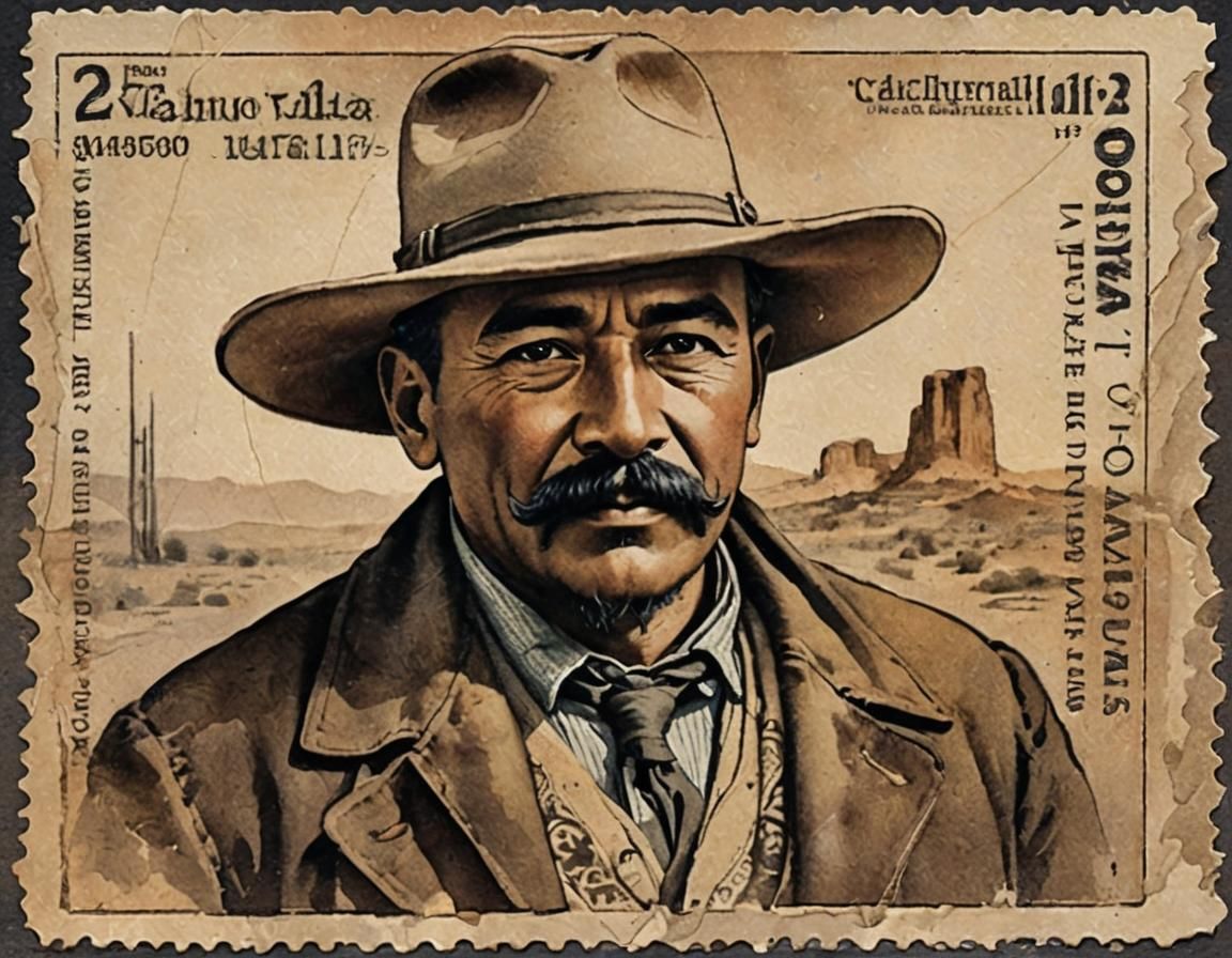 Pancho Villa Postage Stamp in Watercolor and Ink