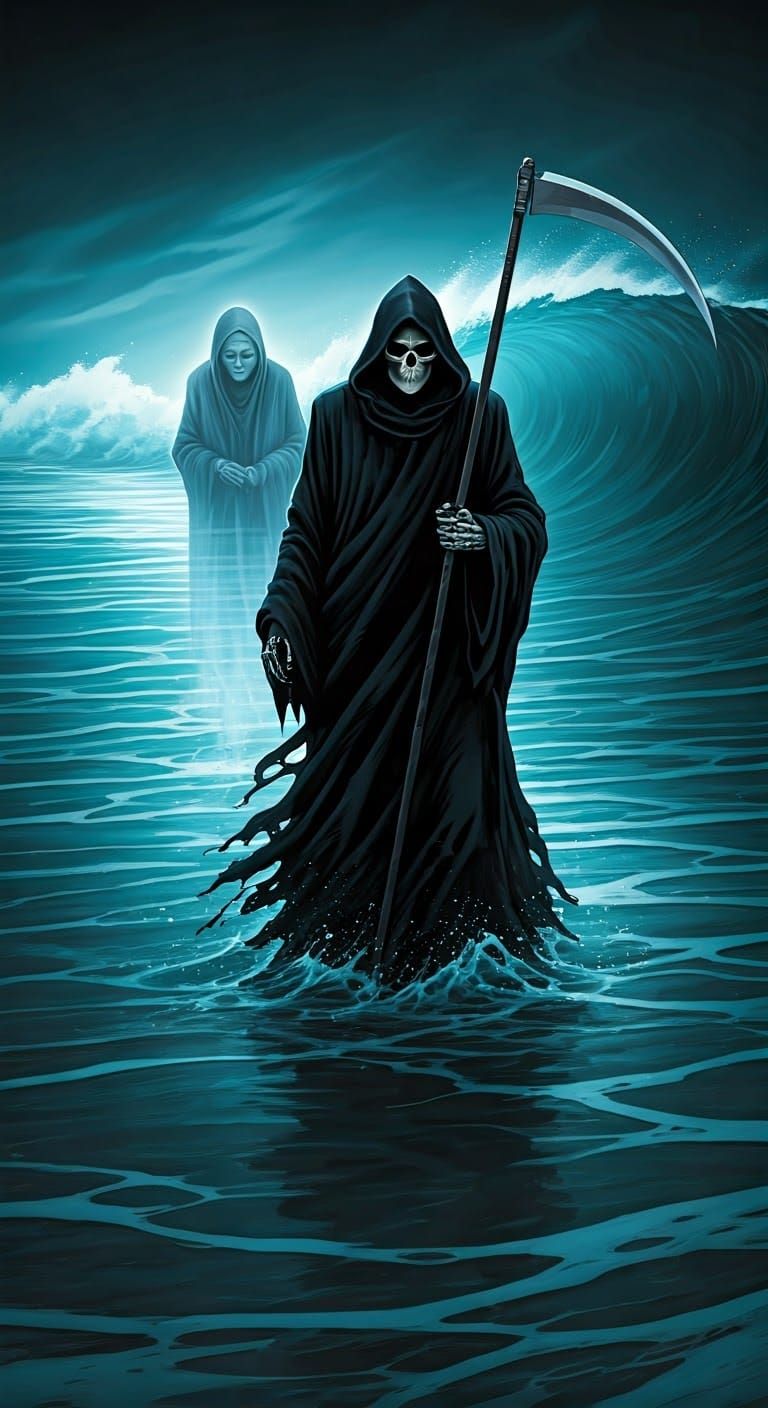 Friendly Grim Reaper Guiding Ghost in Graphic Novel Style