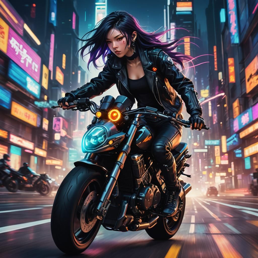 Cyberpunk Goth Woman Rides Futuristic Superbike