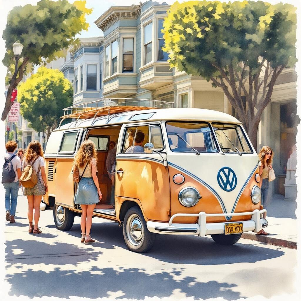 Vintage VW Van On SF Street With 60s Fashion In Watercolor S...