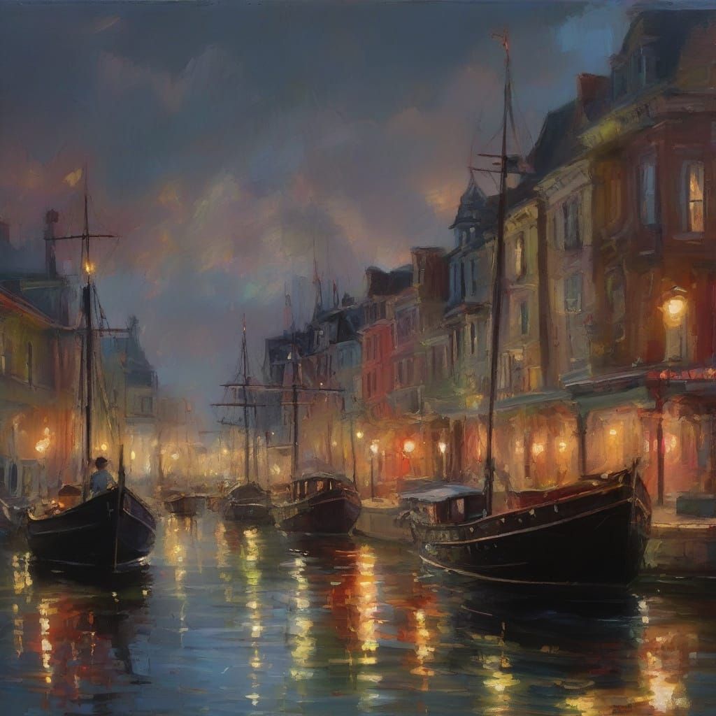 Victorian River Harbor at Midnight in Oil Painting Style