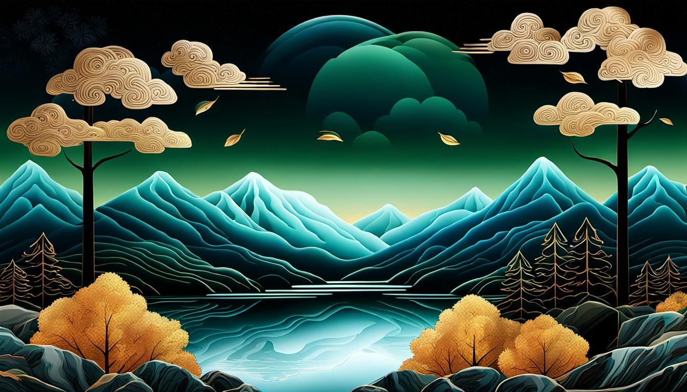 Embossed Black Marble Autumn Forest with Auspicious Clouds