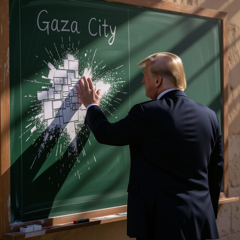 Donald Trump Erases Gaza City on Blackboard - Hyperrealistic...