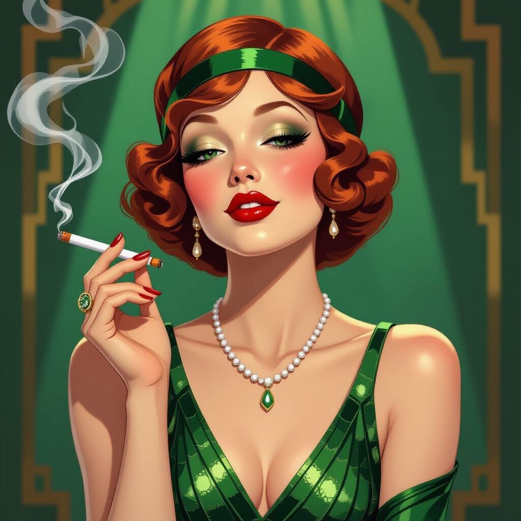 Art Deco Flapper Smoking in Speakeasy