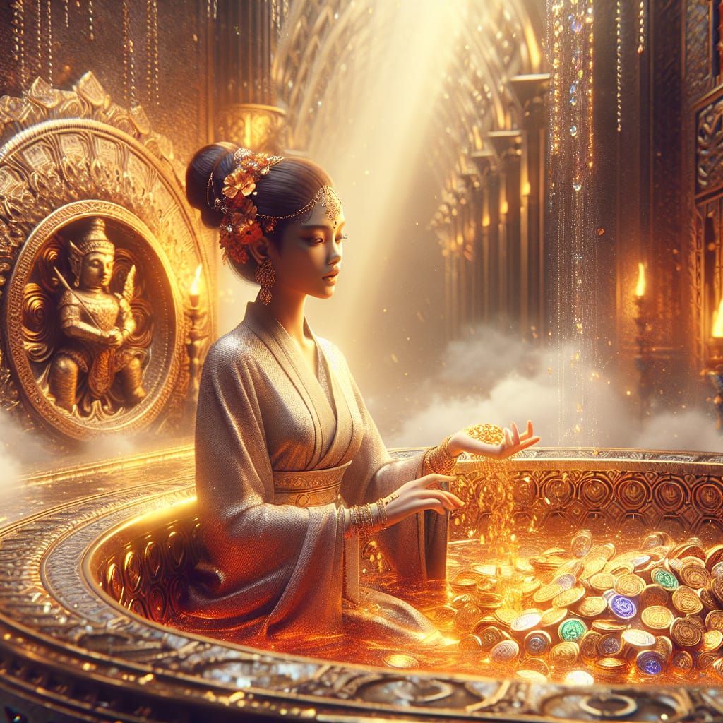 Opulent Bath: South Asian Woman in Golden Coins