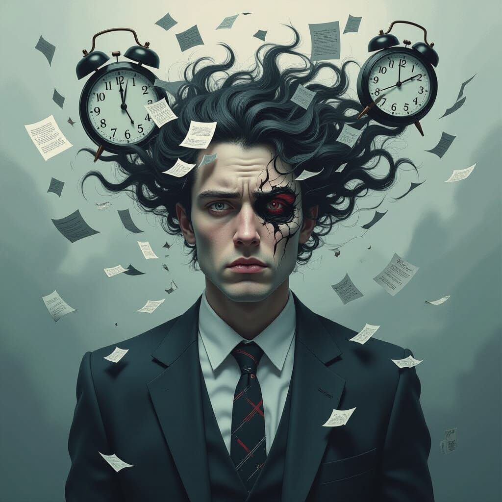 Turbulent Figure Surrounded by Clocks and Paper
