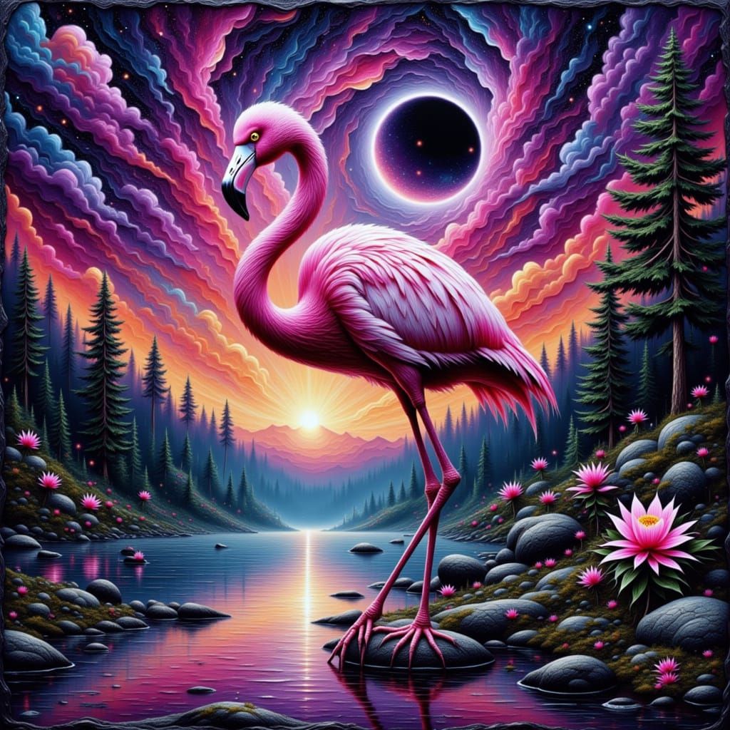 Iridescent Flamingo in Cosmic Nebula, Gothic Art Style
