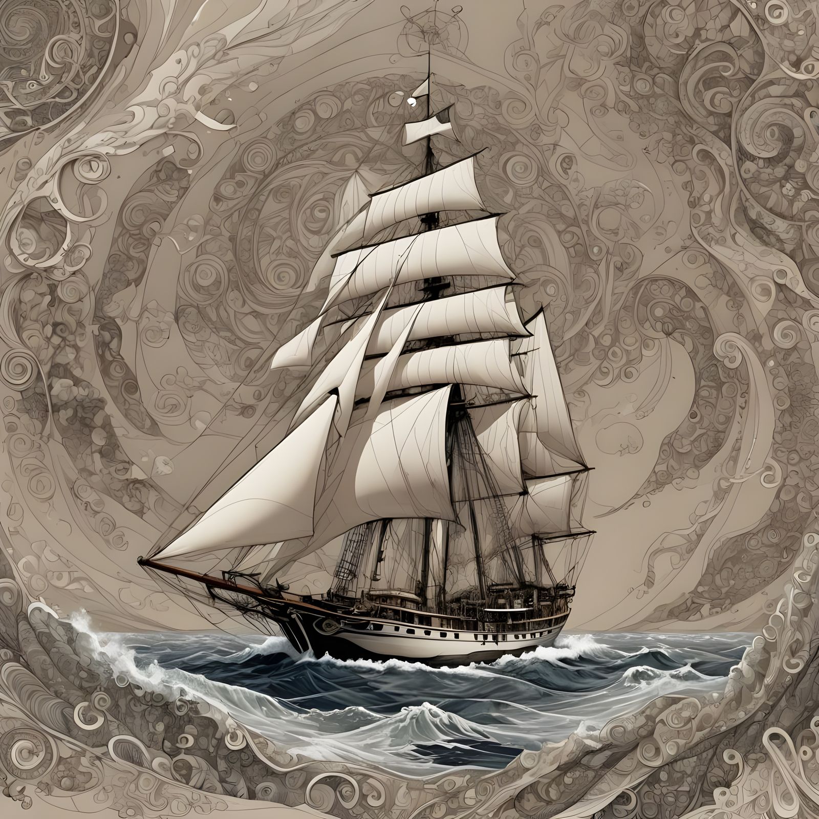 Tall Ship Sailing Whitsunday Passage with Fractal Waves