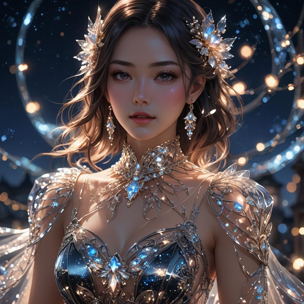 Woman in Glass Dress: Detailed 3D Anime Art