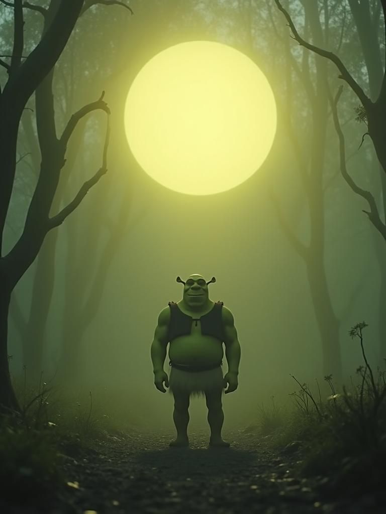 Shrek in Mystical Swamp with Glowing Orb