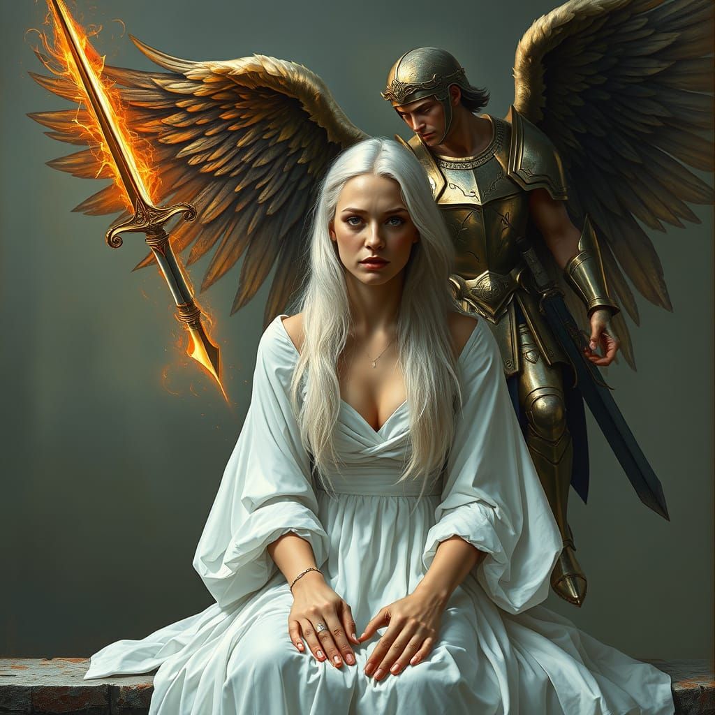 Majestic Angel Descends in Renaissance Armor with Flaming Sw...