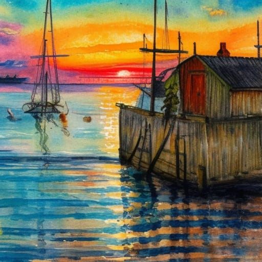 Impressionist Sunset Over Old Harbor in Gouache Style