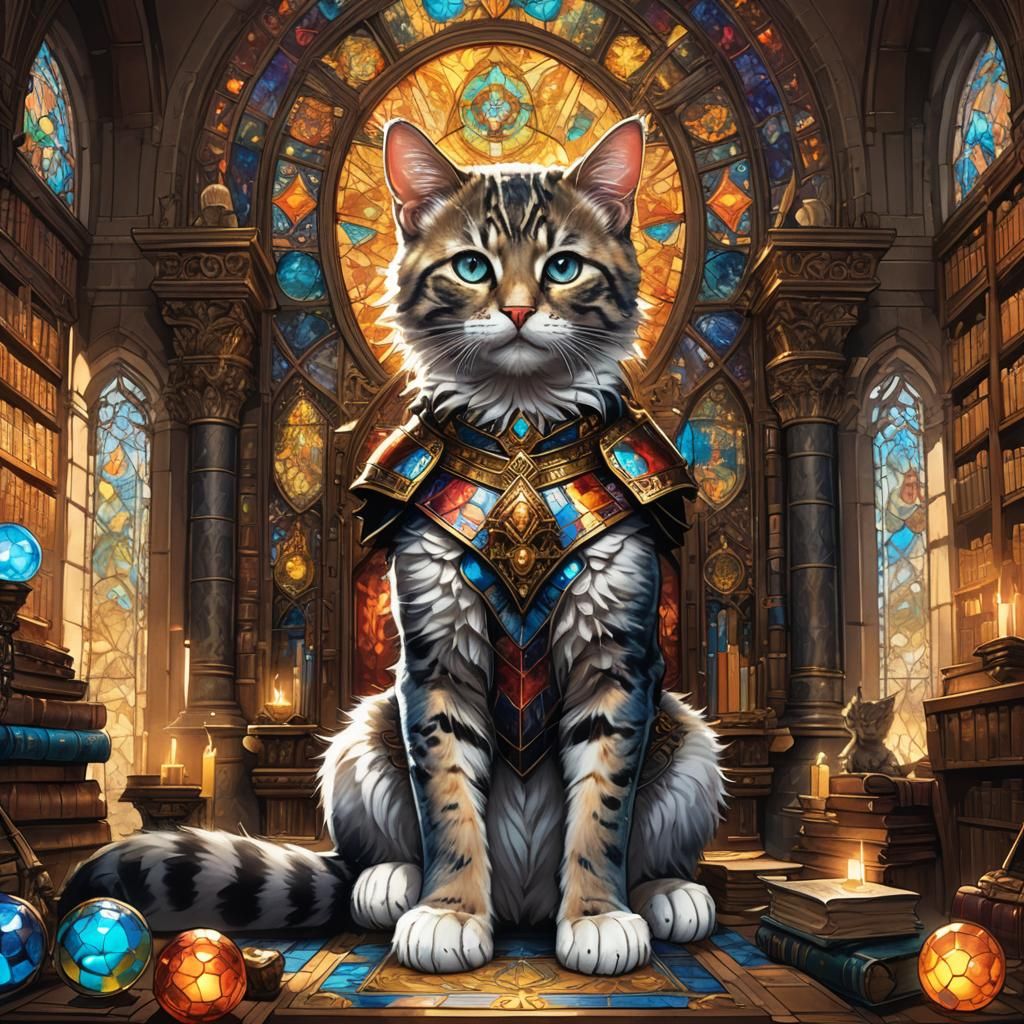 Regal Feline Warrior on Throne in Grand Library