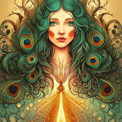 Luminous Peacock with Golden Outlines: Digital Art