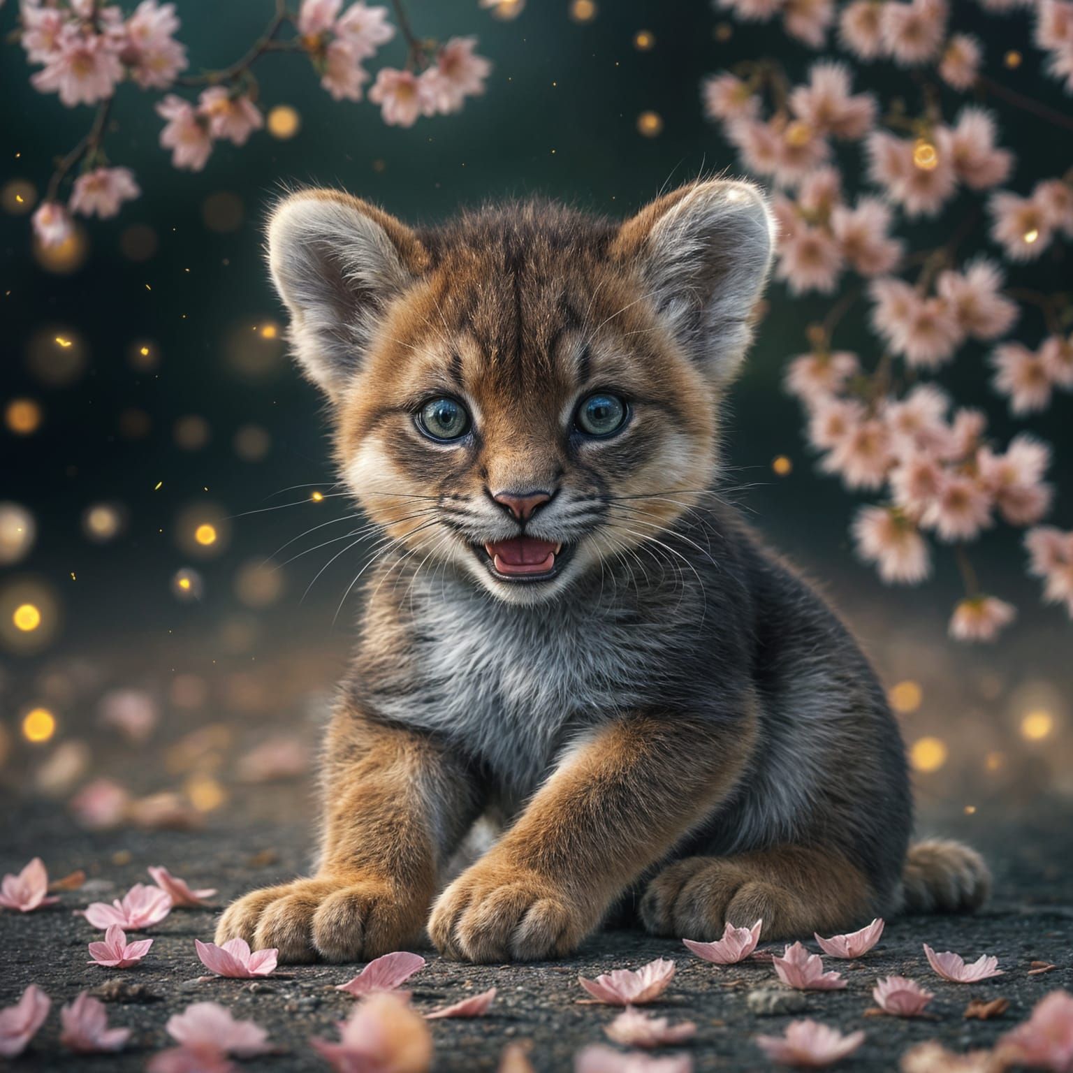 Hyper Realistic Digital Art of Happy Puma Cub in Magical Nig...
