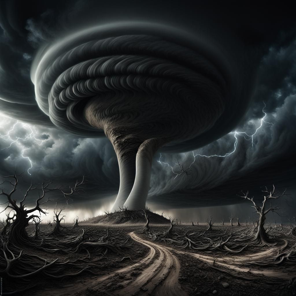 Surreal Tornado Under Black Moon in Digital Art