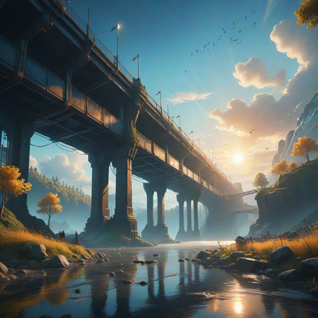 Majestic Sunrise Over River Crossing in Hyper-Realistic Styl...
