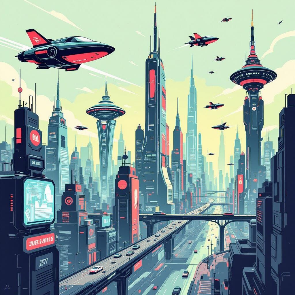 Gritty Cartoon Futuristic Cityscape Inspired by The Jetsons