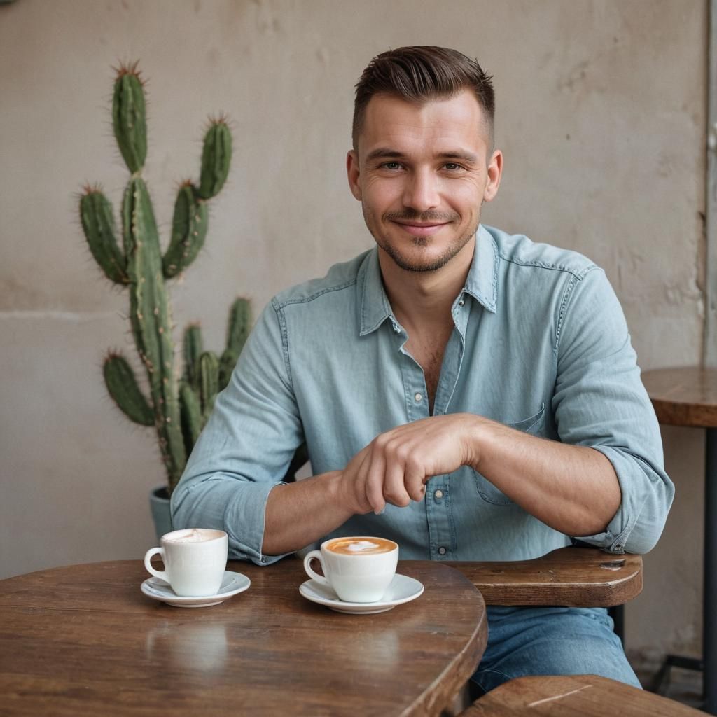 Slavic Man Enjoying Coffee in Cozy Cafe
