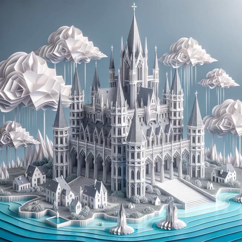 Kirigami French Gothic Castle in Paper Art Style