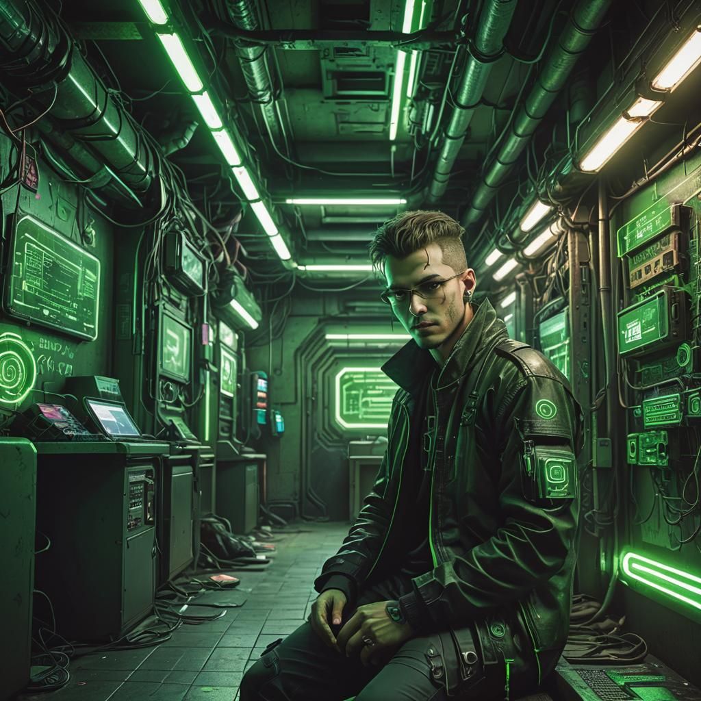 Cyberpunk Hacker in Neon Lit Hideout