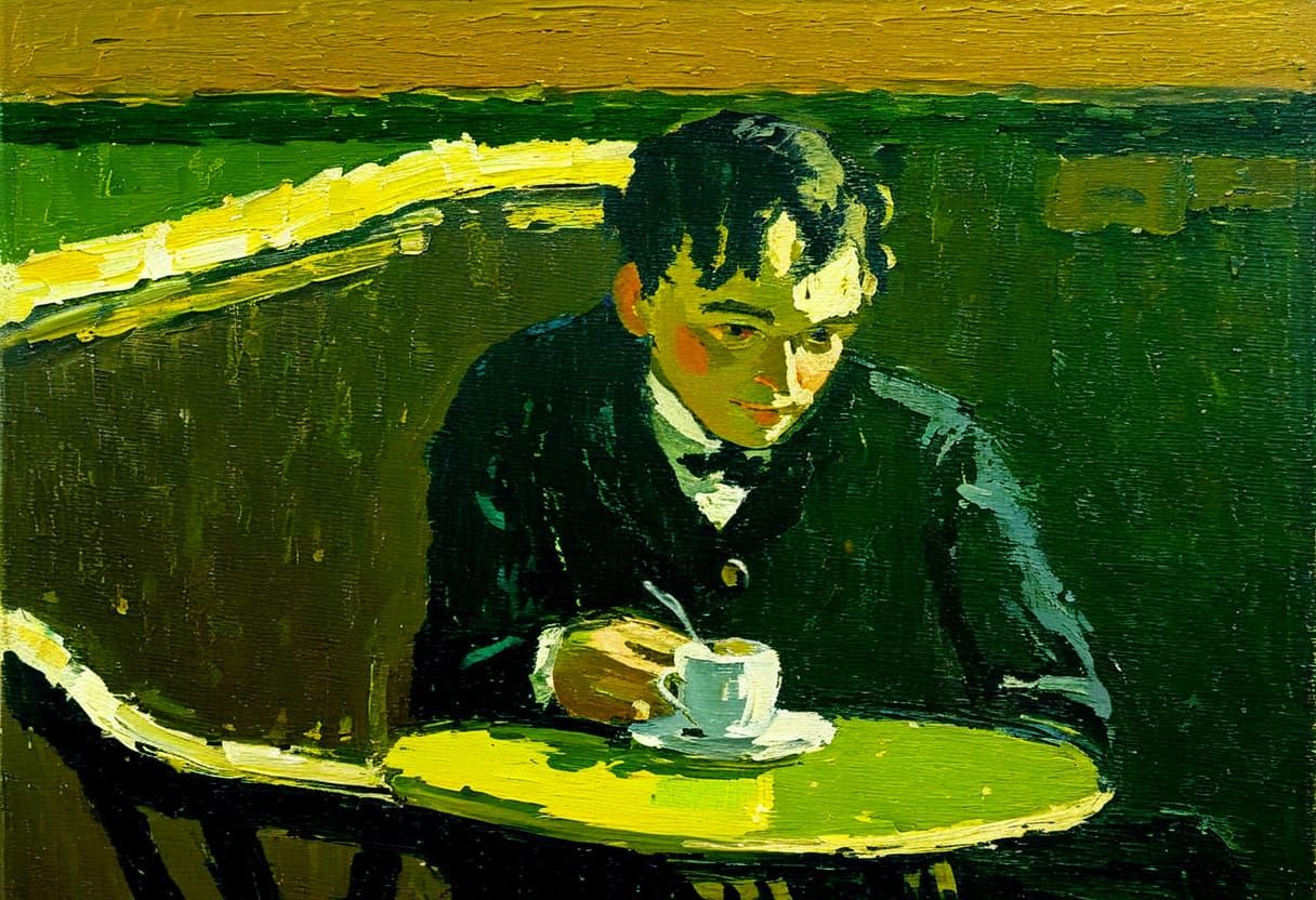 Impressionist Portrait in Oil of Man at Cafe