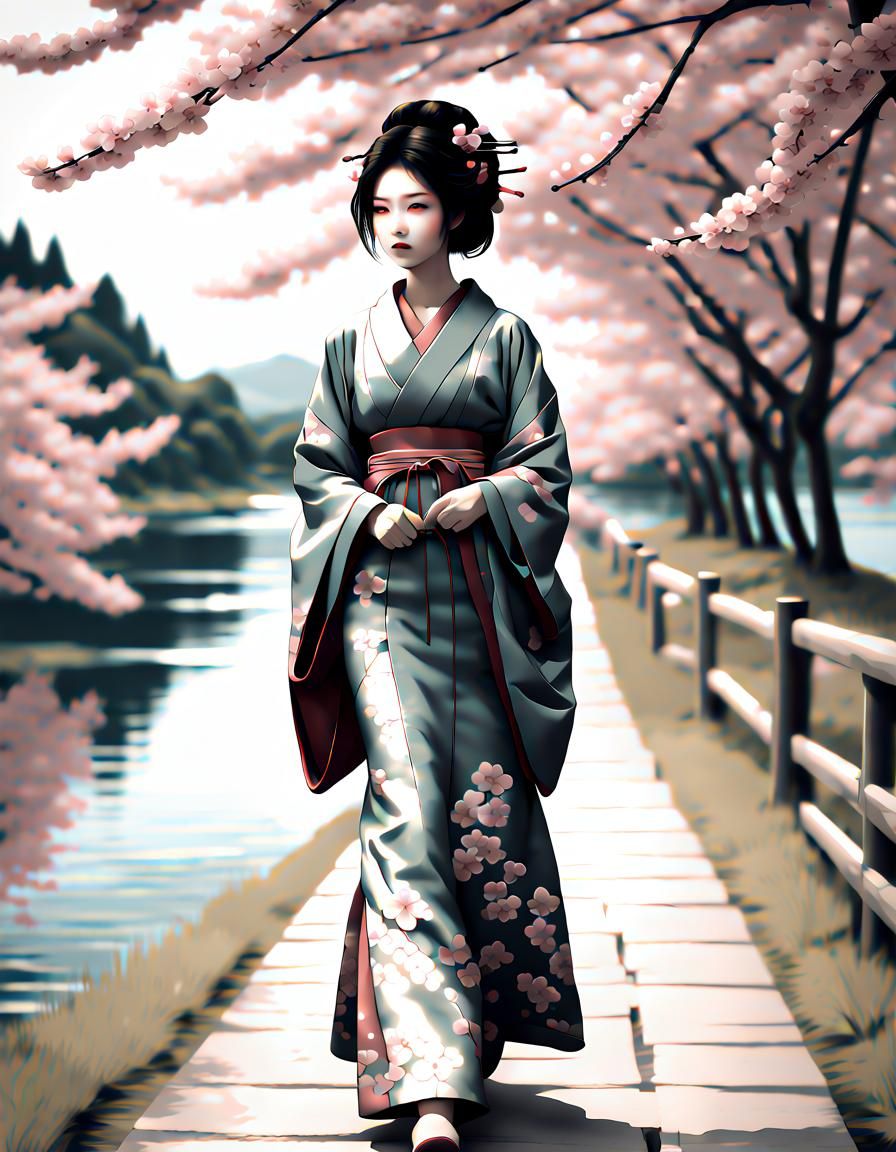 Geisha in Cherry Blossom Kimono, Octane Render