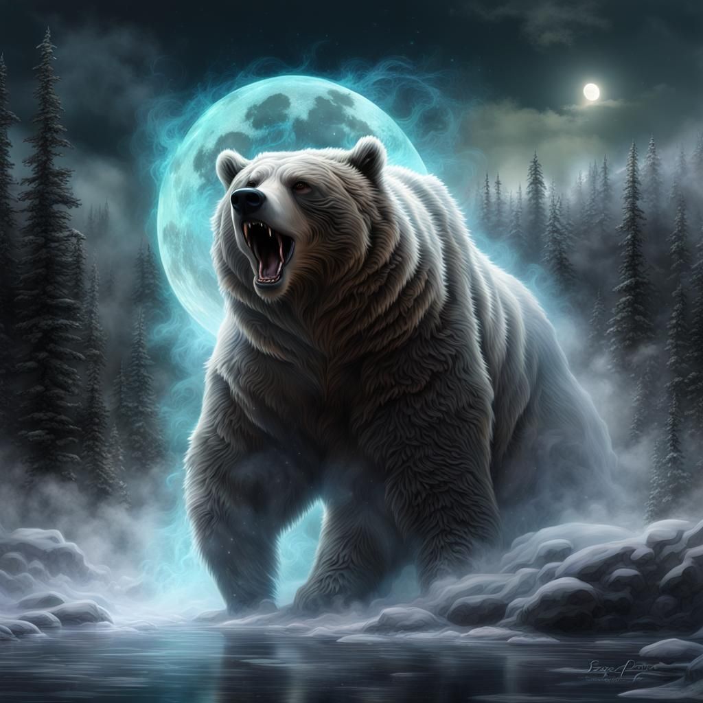 Glowing Grizzly Bear Dragon in Ethereal Landscape