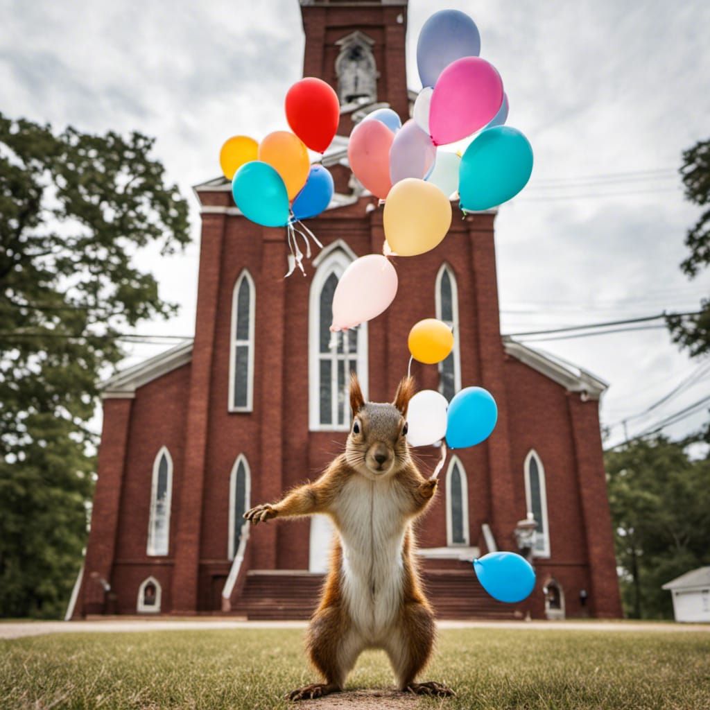 Squirrel with Balloons Over Church