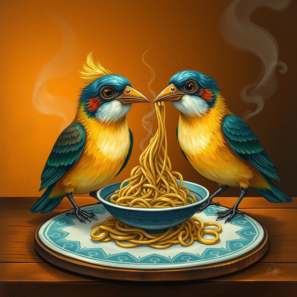 A pair of quirky, doodle-style birds sharing a spaghetti noo...