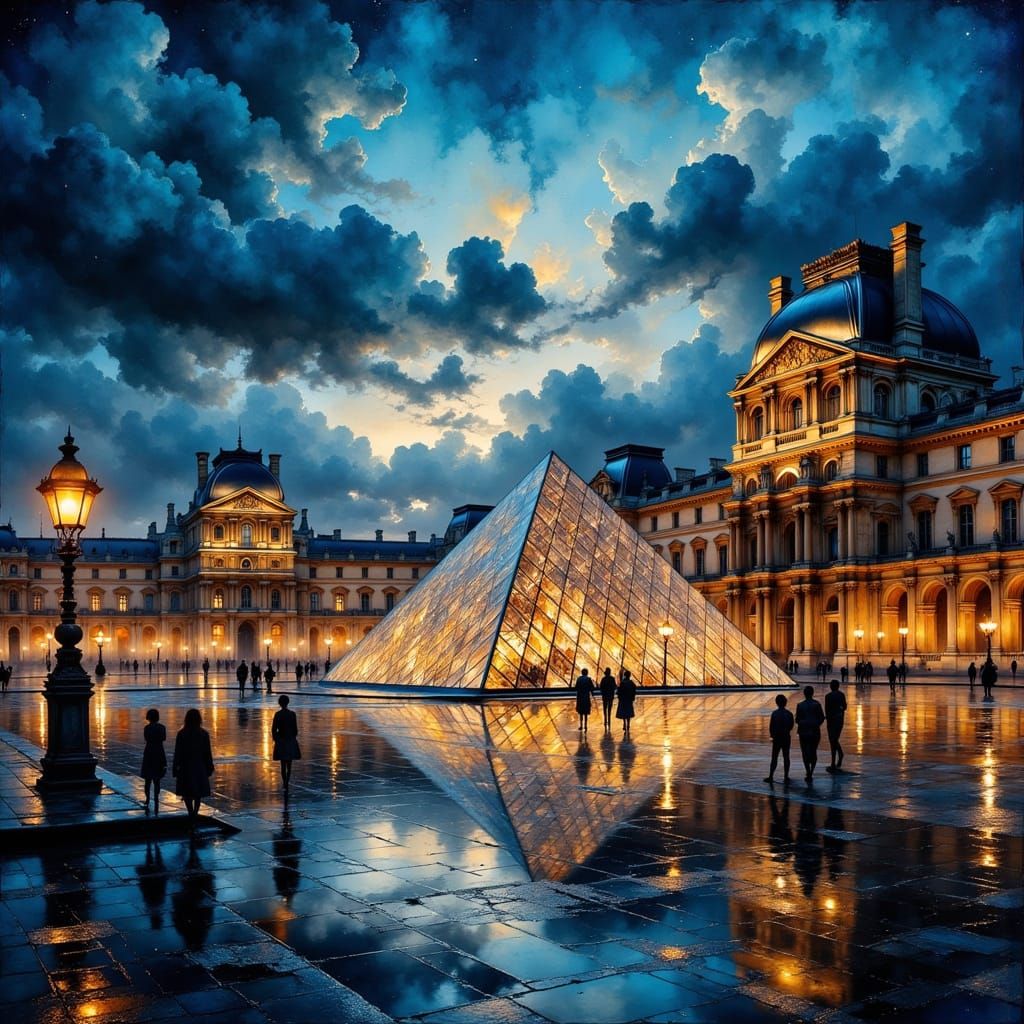 Louvre Museum at Dusk: Iconic Pyramid in Romantic Lighting