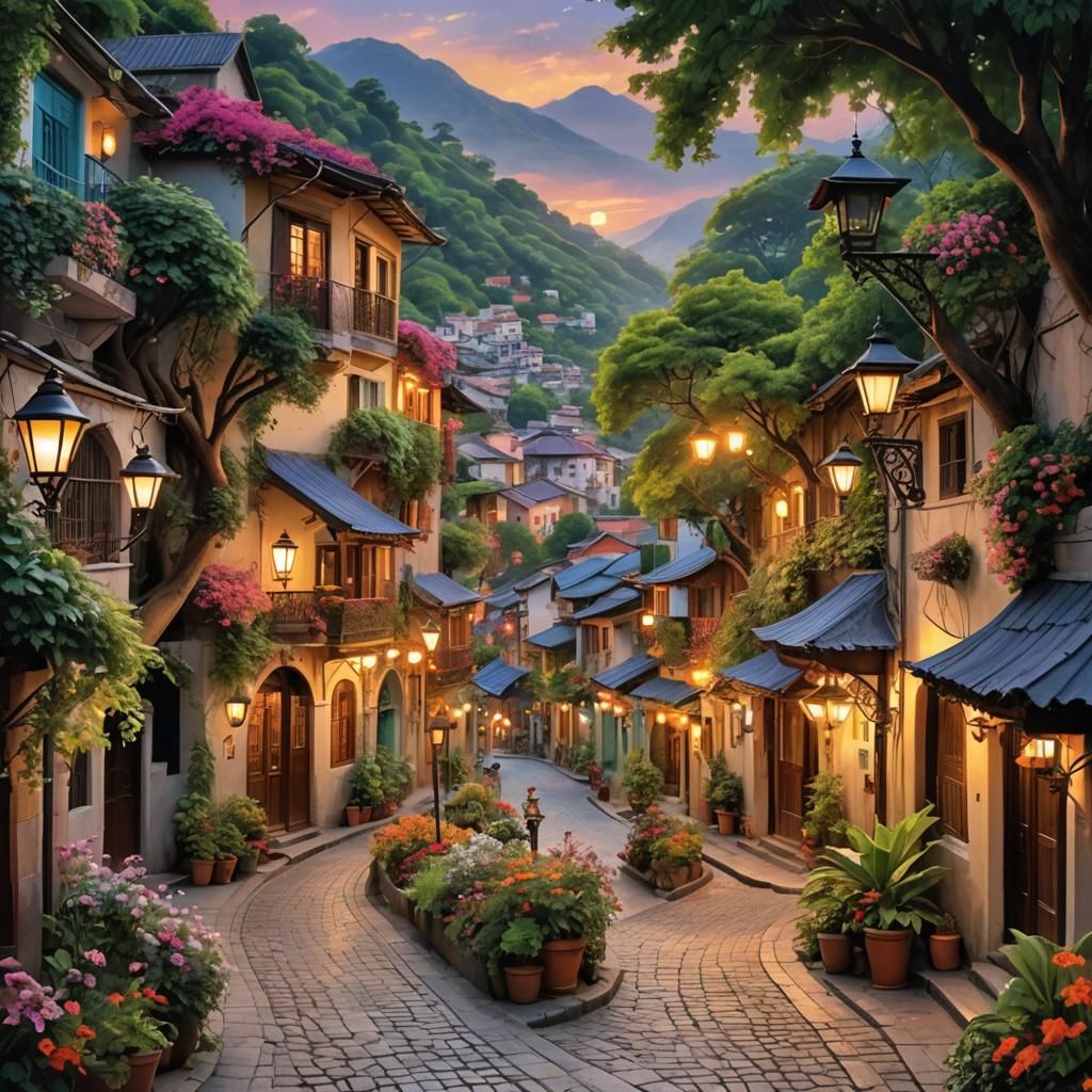 Dreamy Sunset Street as Impasto Oil Painting