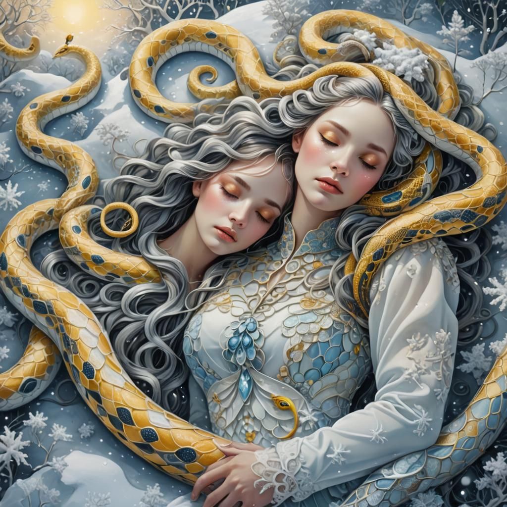 Dreamlike Snake Haired Woman Sleeping in Snow