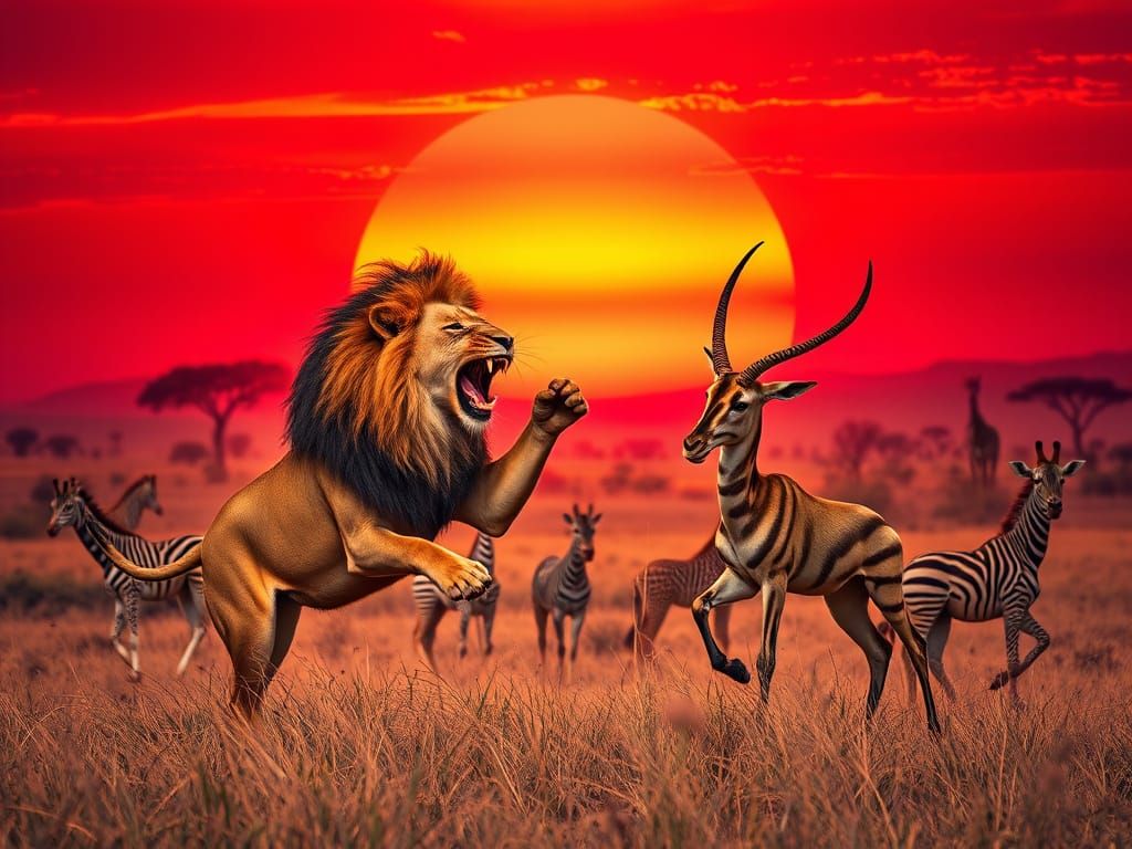 Lion and Oryx Play on Savannah Under Red Sunset