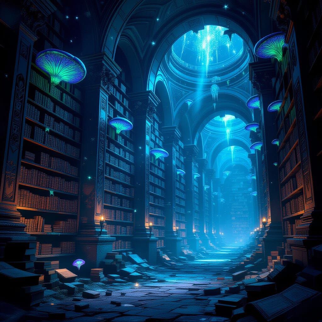 Ancient Library in Star Void with Bioluminescent Fungi