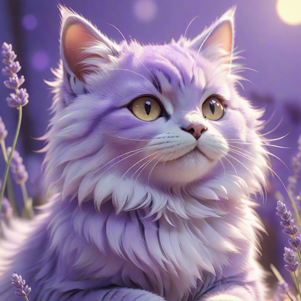 Lavender Cat in 3D Anime Style, Close-Up