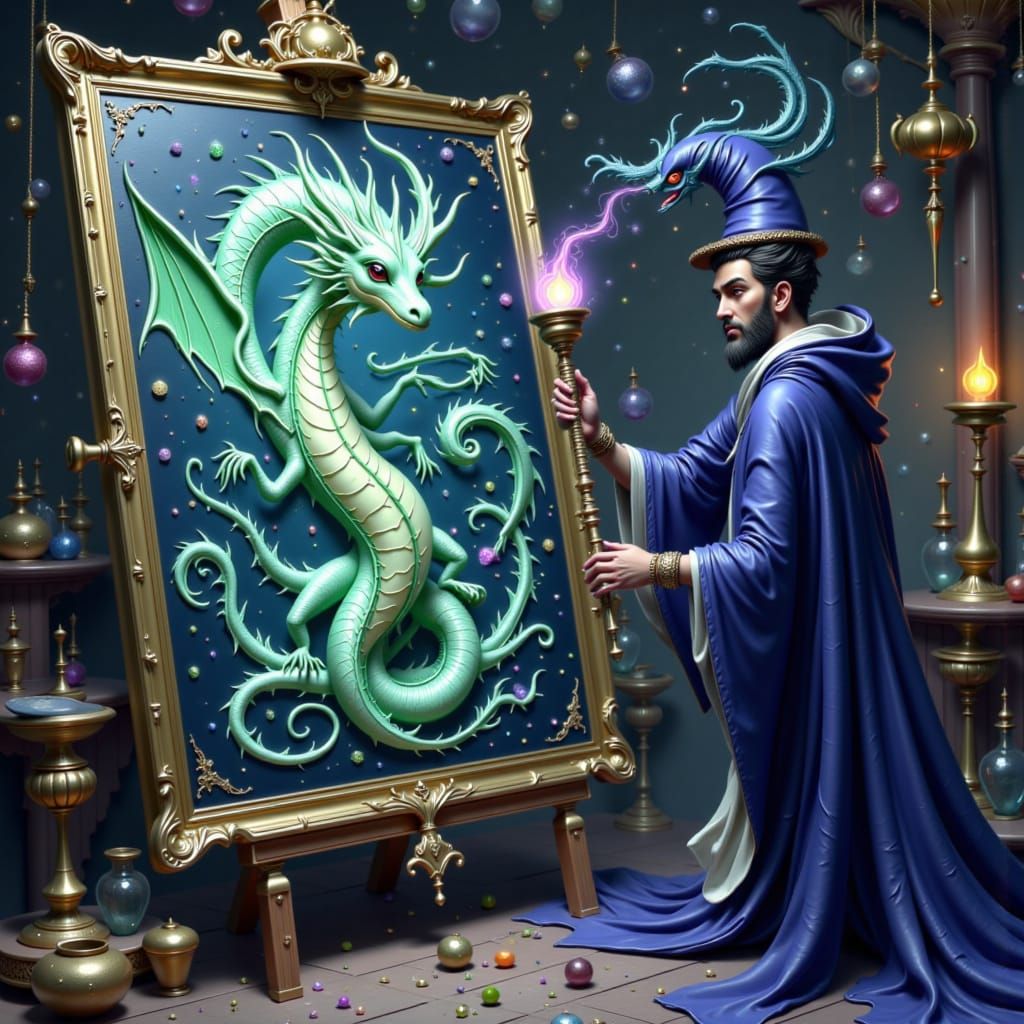 Sorcerer Conjures Dragon from Oil Painting in Fantasy Studio