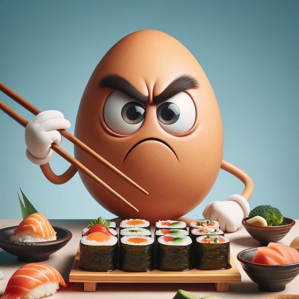 Angry Egg Tries Sushi with Chopsticks in a Humorous Scene