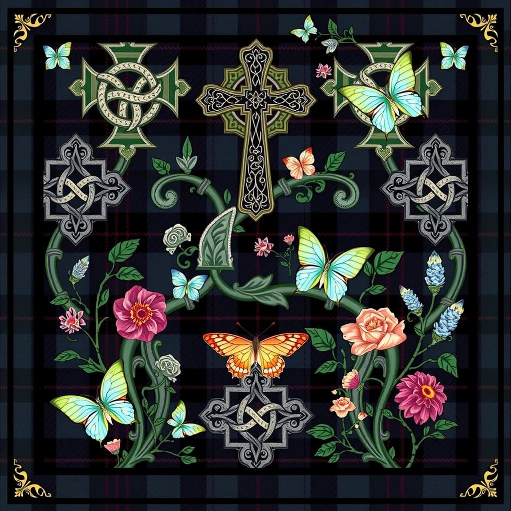 Celtic-Inspired Fabric Tile with Celtic Crosses and Paisley ...